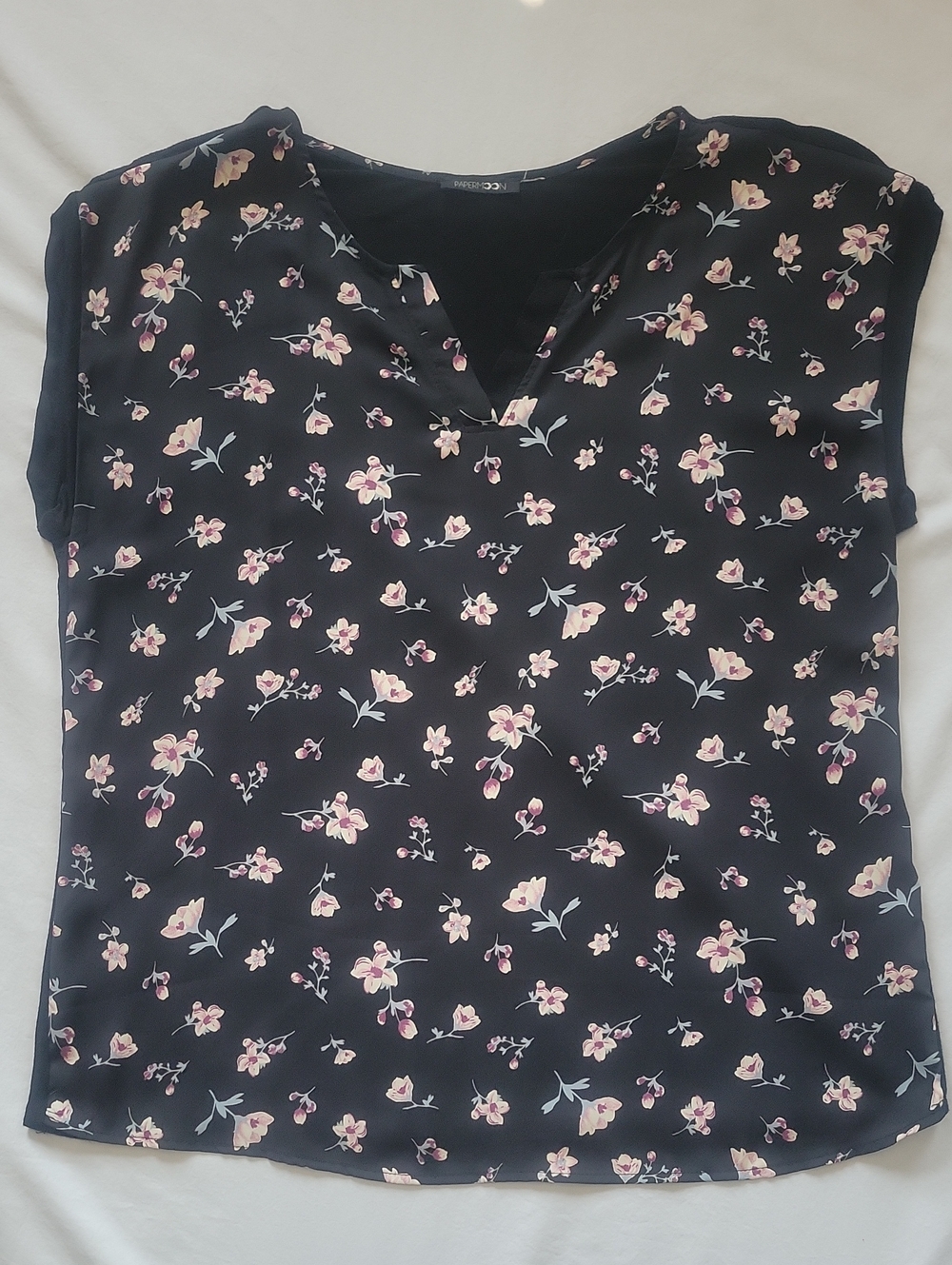 Women’s Floral Split-Neck Blouse - Black with Pink Flowers